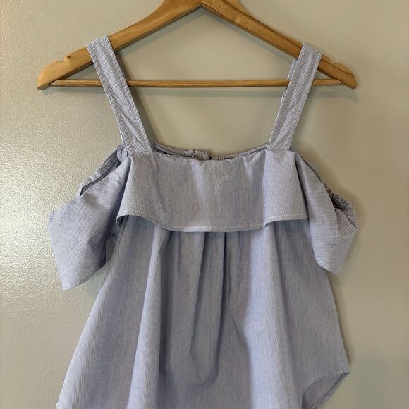 Maeve Anthropologie Blue Pinstripe Top Off The Shoulder Ruffle Button Tank Sz 4 - Picture 7 of 8